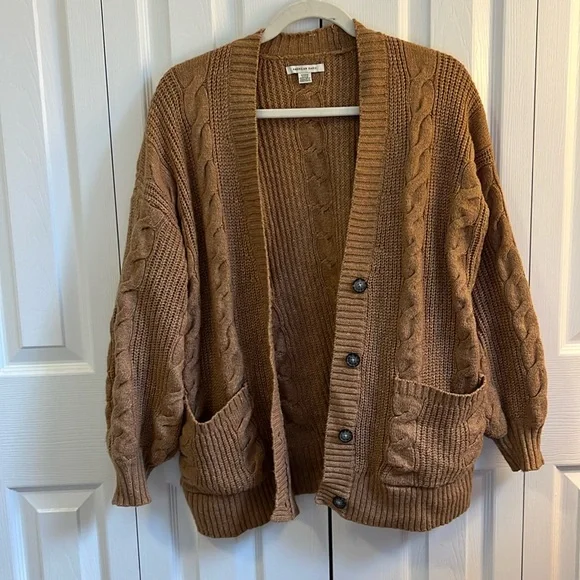AEO Oversized Cable Knit Button-Up Cardigan in Light Brown - Picture 1 of 5